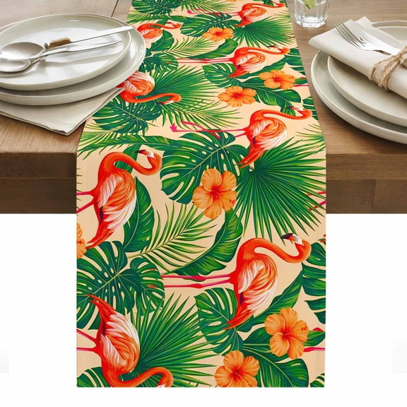 Flamingo Table Runner Summer Monstera Leaf Tropical Botanical Tablerunners 13 x 48 Inch, Table Decorations Tabletop Scarf for Summer Gathering Holiday Farmhouse Kitchen Dining Decor