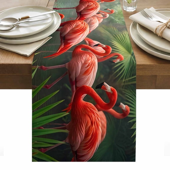 Flamingo Table Runner Tropical Summer Palm Tree Botanical Tablerunners 13 x 48 Inch, Table Decorations Tabletop Scarf for Summer Gathering Holiday Farmhouse Kitchen Dining Decor