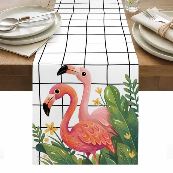 Flamingo Table Runner, Vintage Pink Birds Tropical Plant Black Plaid Cotton Linen Table Cloth, Tablerunner for Kitchen Dining Party Wedding Home Decor 13x120 Inch
