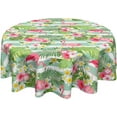 thumbnail image 1 of Flamingo Tablecloth Round 60 Inch Summer Tropical Floral Green and White Stripes Table Cloth Circular Palm Leaves and Flower Table Cover Washable Wipeable Polyester Tabletop for Dining Kitchen Decor, 1 of 6