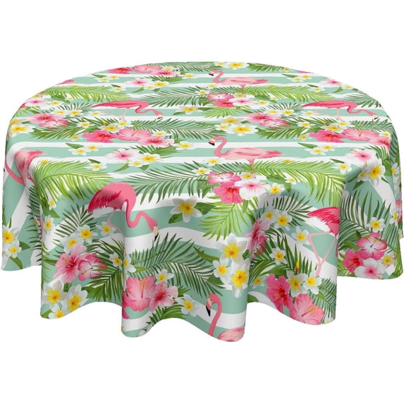Flamingo Tablecloth Round 60 Inch Summer Tropical Floral Green and White Stripes Table Cloth Circular Palm Leaves and Flower Table Cover Washable Wipeable Polyester Tabletop for Dining Kitchen Decor