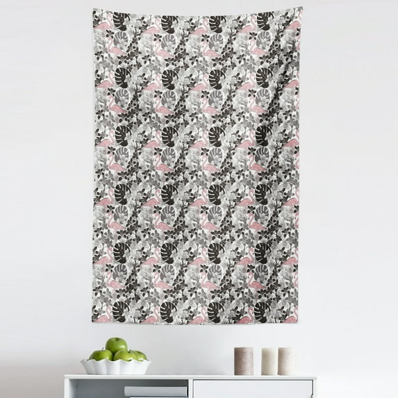 Flamingo Tapestry, Drawing Style Island Foliage Nature Orchid Flowers and Palm Leaves, Fabric Wall Hanging Decor for Bedroom Living Room Dorm, 5 Sizes, Coral Black Grey, by Ambesonne