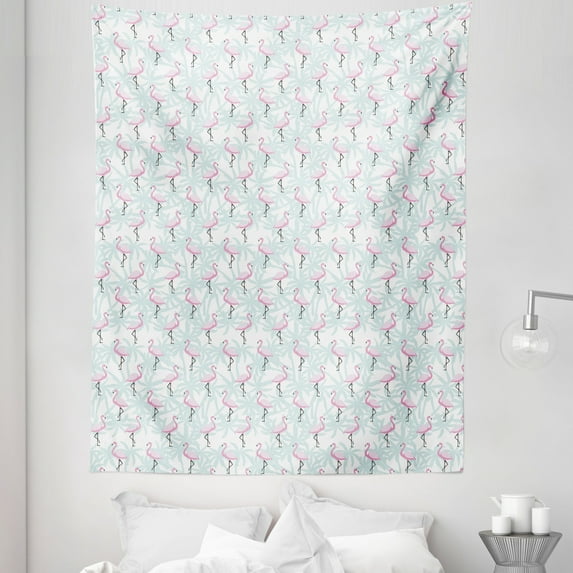 Flamingo Tapestry, Pale Color Abstract Coconut Palm Tree Silhouettes Retro Pink Birds, Fabric Wall Hanging Decor for Bedroom Living Room Dorm, 5 Sizes, Mint Green Pale Pink, by Ambesonne