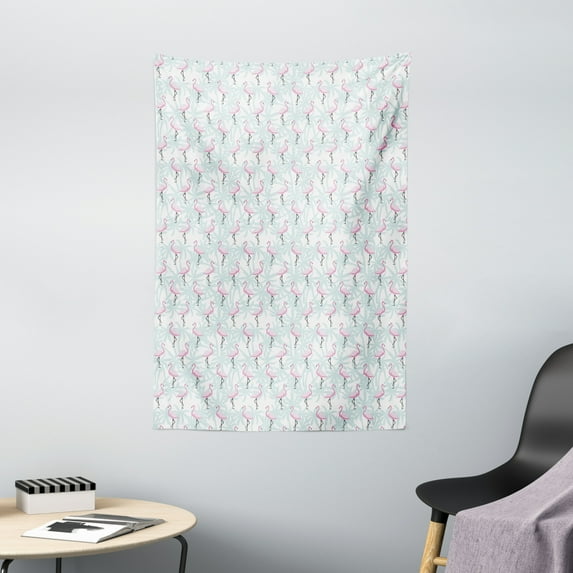 Flamingo Tapestry, Pale Color Abstract Coconut Palm Tree Silhouettes Retro Pink Birds, Wall Hanging for Bedroom Living Room Dorm Decor, 40W X 60L Inches, Mint Green Pale Pink Black, by Ambesonne