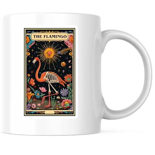 Flamingo Tarot Card Coffee Mug - Quirky Skeleton Design - Horoscope Astrology Drinkware 11 Ounce - Premium Ceramic - Design Printed On Both Sides - BMCM03672