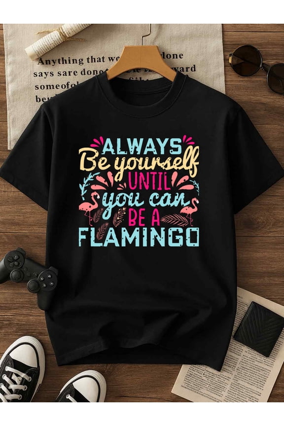 Be Yourself Flamingo Tee comfort colors tshirt t-shirts men's 2025 gifts black Daily and weekend wear Summer wear Vintage-inspired, comfortable fit, printed T-shirts, streetwear-inspired couples' o