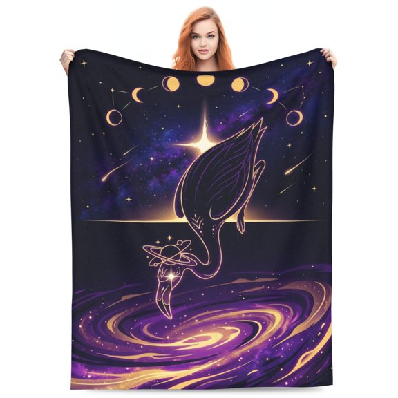 Flamingo Throw Blanket Celestial Moon Phases Galaxy Pattern Soft Fleece Blanket for Couch Sofa Bed, Purple Gold Decorative Blanket for Women Adults
