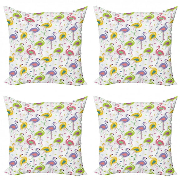 Ambesonne Flamingo Throw Pillow Cover 4 Pack, Retro Colorful Pattern, 24", Multicolor