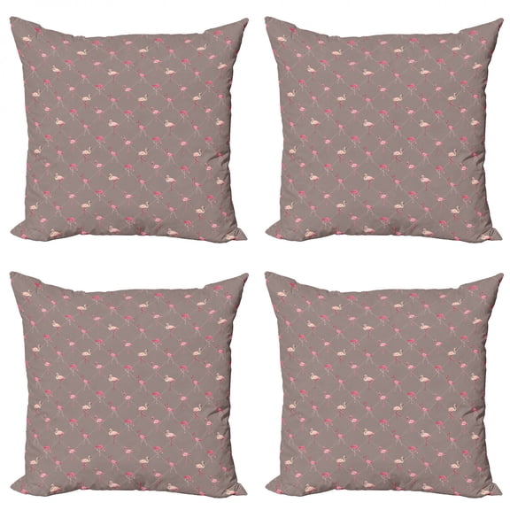Ambesonne Flamingo Throw Pillow Cover 4 Pack, Exotic Birds Checkered, 18", Warm Taupe Peach Pink