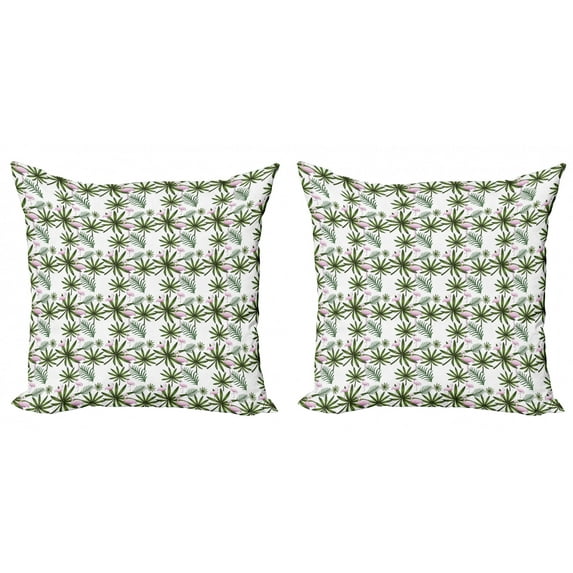 Flamingo Throw Pillow Cushion Cover Pack of 2, Bended Neck Pinky Flamingo on Spots and Chamaedoera Palm Leaves Exotic, Zippered Double-Side Digital Print, 4 Sizes, Pale Pink and Emerald, by Ambesonne