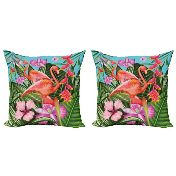 Ambesonne Flamingo Throw Pillow Cover 2 Pack, Hibiscus Tropic Flower, 20", Green Pink Blue