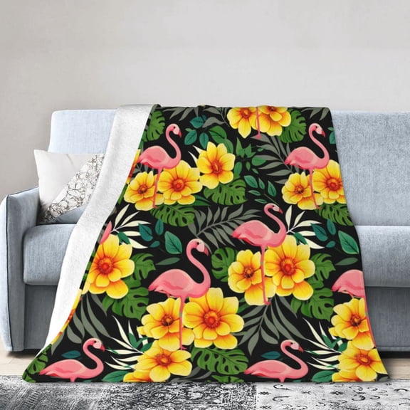 Flamingo Tropical Blanket Gift Throw Blanket Cozy Soft Hibiscus Floral Pattern Home Decor Gift for Summer Beach Lovers Exotic Jungle Design 50x40