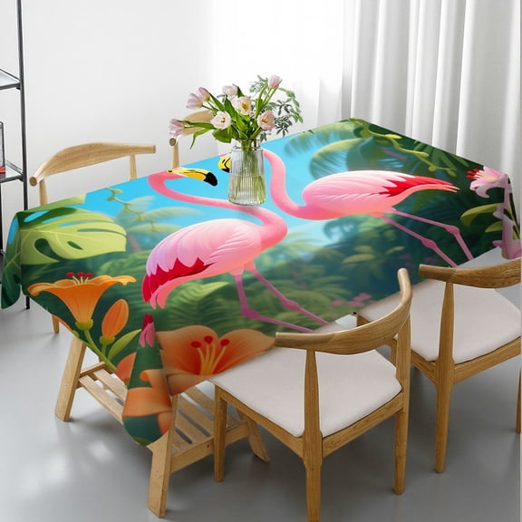 Flamingo with Tropical Garden Hibiscus Flower Plant Vintage Tablecloths for dining table, Polyester Tablecloths Rectangular Tablecloth, Cafe, dinner,picnic, party