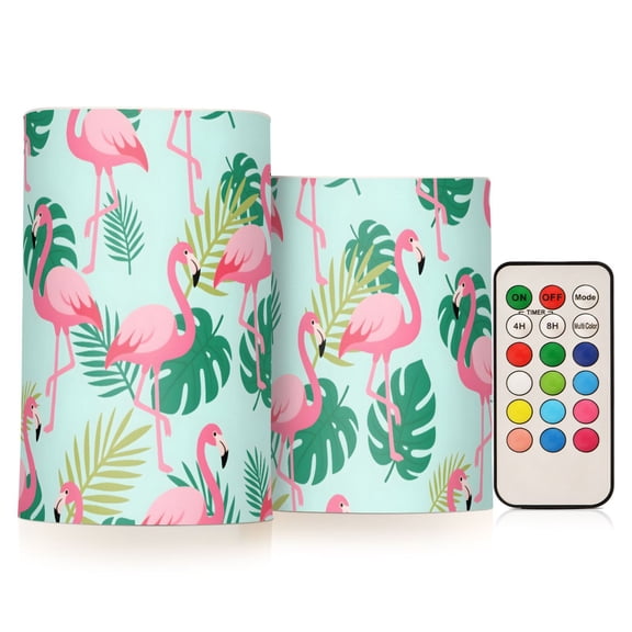 Flamingo Tropical Leaves Pattern Flameless LED Candle Set with Remote, Battery Operated Color Changing Pillar Candles, Set of 2