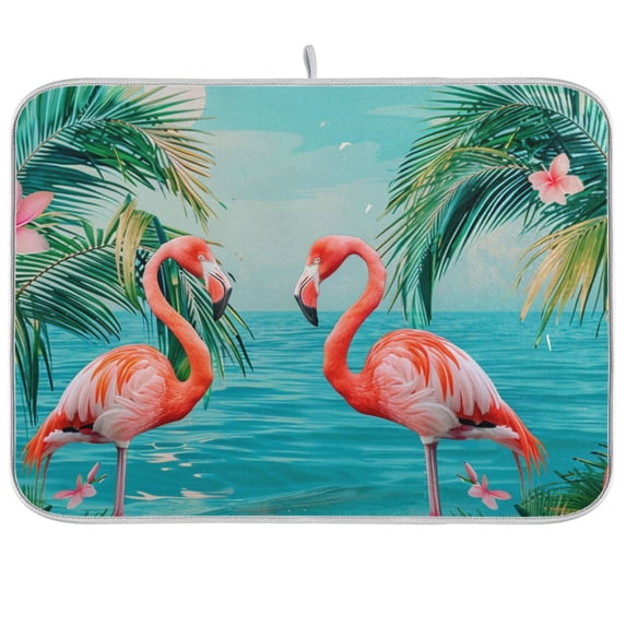 Flamingo Tropical Palm Tree Sea Dish Drying Mats Kitchen Mat Microfiber Counter Absorbent Dish Pad Drainer Rack 16"x18"