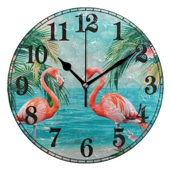 Flamingo Tropical Palm Tree Sea Silent Wall Clock 10" Non-Ticking Battery Clock