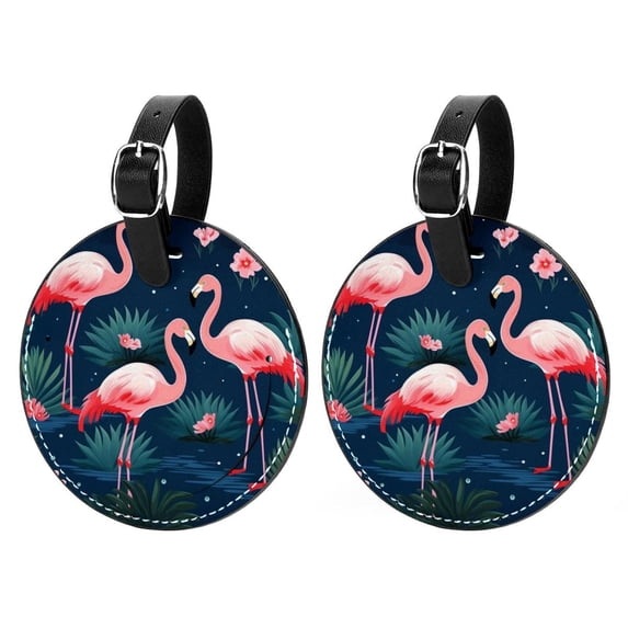 Flamingo Tropical Rainforest 2Pcs PU Leather Round Luggage Tags with Privacy Cover and Name ID Tag for Suitcase, Handbags, Backpacks, School Bags