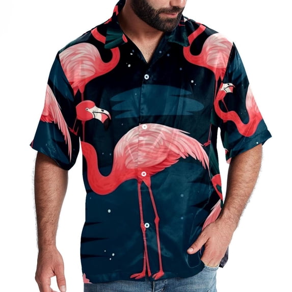 Flamingo Tropical Rainforest Men's Button Down Casual Hawaiian Print Short Sleeve Summer Beach Shirt