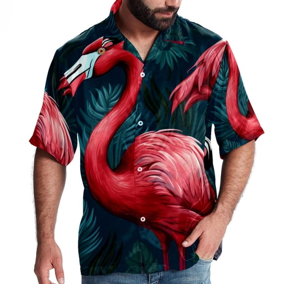Flamingo Tropical Rainforest Men's Button Down Spread Collar Casual Printed Short Sleeve Summer Beach Unisex Shirts