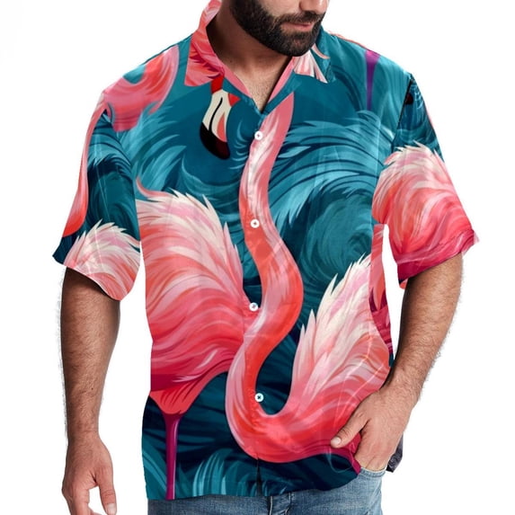 Flamingo Tropical Rainforest Men's Casual Printed Poplin Short Sleeve Button Down Beach Shirt with Spread Collar Top