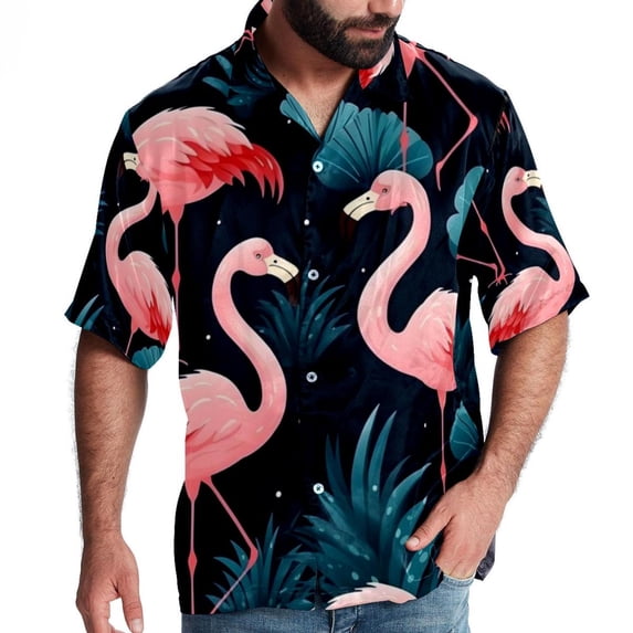 Flamingo Tropical Rainforest Men's Hawaiian Button Down Short Sleeve Casual Printed Summer Beach Unisex Shirt