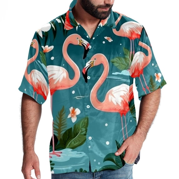 Flamingo Tropical Rainforest Men's Short Sleeve Button Down Casual Poplin Shirts for Summer Beach, Printed Design - Unisex