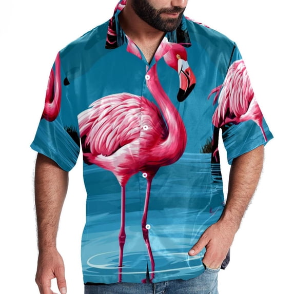Flamingo Tropical Rainforest Men's Short Sleeve Button Down Poplin Casual Beach Shirts