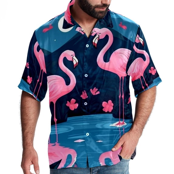 Flamingo Tropical Rainforest Men's Short Sleeve Hawaiian Beach Shirts, Casual Printed Button Down Spread Collar Tops, Summer Unisex Style