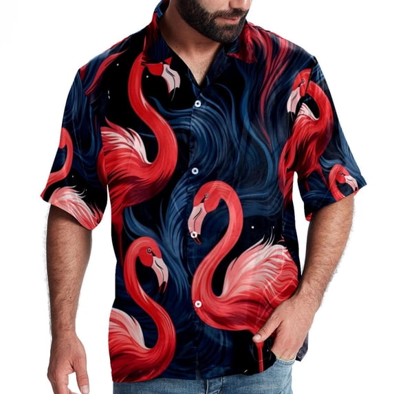 Flamingo Tropical Rainforest Men's Short Sleeve Hawaiian Shirt Button Down Poplin Beach Casual Printed Unisex Summer Tops