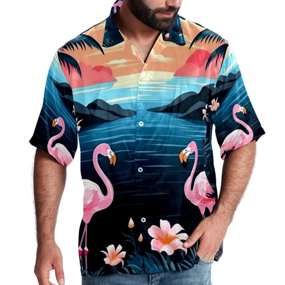 Flamingo Tropical Rainforest Men's Short Sleeve Poplin Shirt, Button Down Casual Summer Beach Printed Unisex Shirt