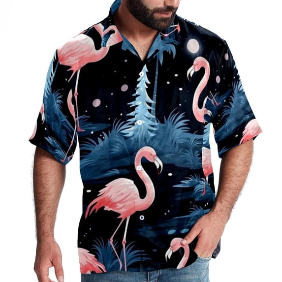 Flamingo Tropical Rainforest Men's Short Sleeve Poplin Shirt, Casual Button Down Shirts, Printed Summer Beach Shirt, Unisex Casual Button Down Top