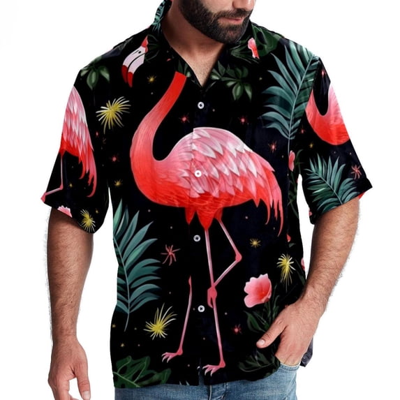 Flamingo Tropical Rainforest Men's Short Sleeve Poplin Shirt with Spread Collar Tops, Casual Printed Button Down, Summer Beach Shirt for Men - Unisex, Stylish Men's Shirts