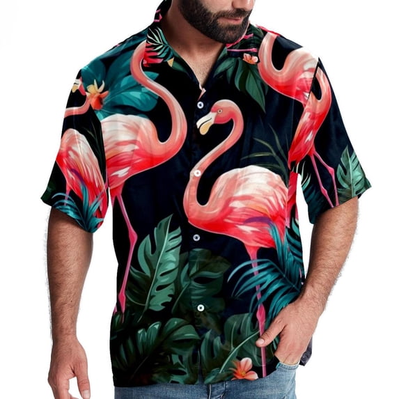 Flamingo Tropical Rainforest Men's Short Sleeve Printed Button Down Beach, Casual, Poplin Shirts for Summer Vacation