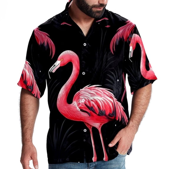 Flamingo Tropical Rainforest Men's Short Sleeve Spread Collar Poplin Button Down Casual Printed Summer Beach Unisex Shirts