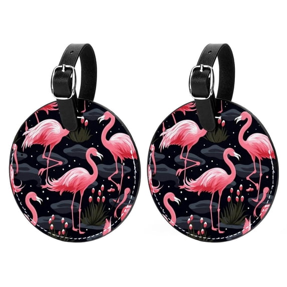 Flamingo Tropical Rainforest Set of 2pcs PU Leather Round Suitcase Tags with Privacy Cover and Name ID Tag - Ideal for Travel Luggage, Handbags, Backpacks, School Bags