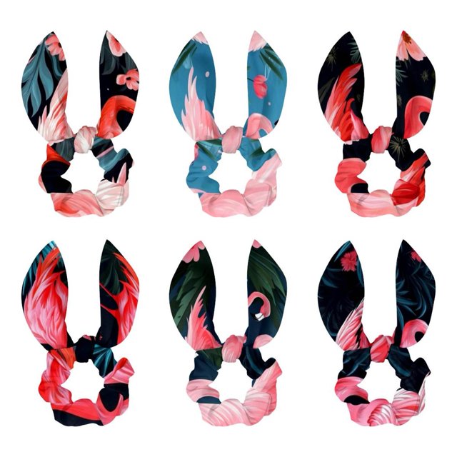 Flamingo Tropical Rainforest Set of 6 Polyester Bow Hair Ties with