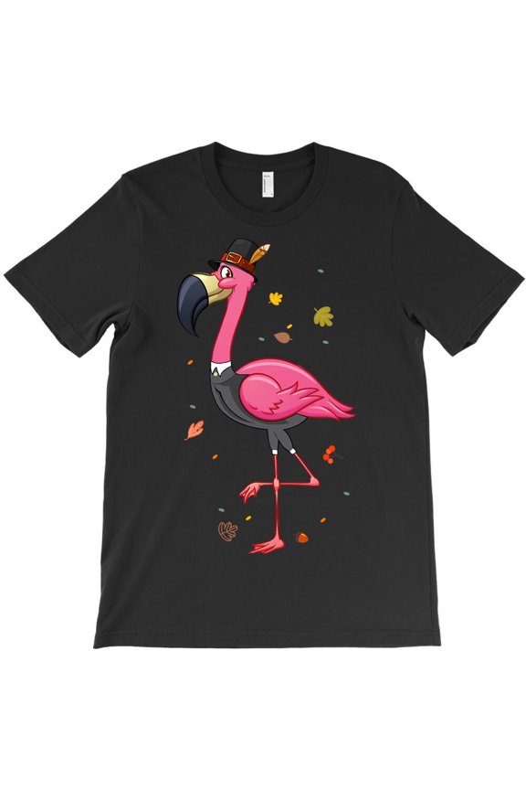 Flamingo Tropical Thanksgiving Flamingo With Pilgrim Hat Fall Leaves H20471 T-Shirt, for Men and Women, Up to Size 5XL