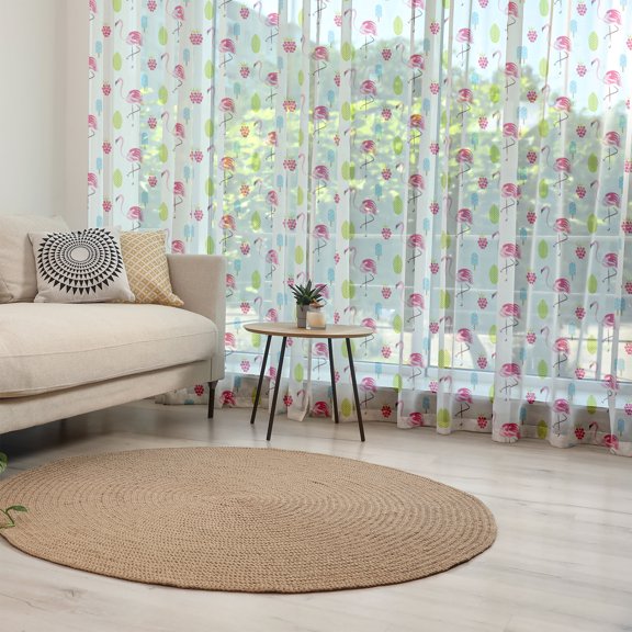 Flamingo Tulle Curtains with Rod Pocket, Cheerful Exotic Summer Holiday Pattern Cartoon Ice Cream Raspberry Palm Leaves, Sheer Drape for Wedding Party 2 Panels, 7 Sizes, Multicolor, by Ambesonne
