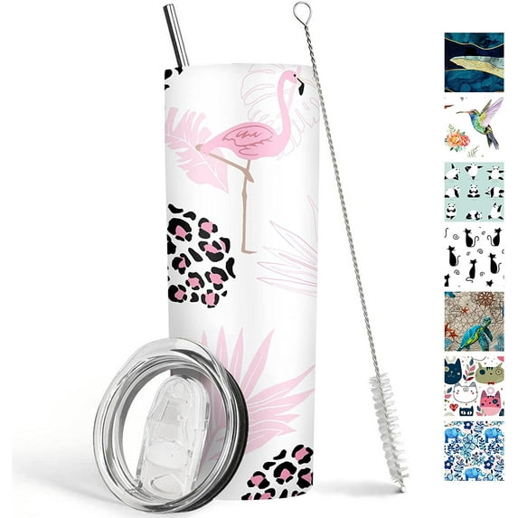 Flamingo Tumbler 20 oz Travel Coffee Mug Pink Flamingo Leopard Skinny Tumblers with Lid and Straw Stainless Steel Insulated Coffee Cups Gift for Flamingo Lover