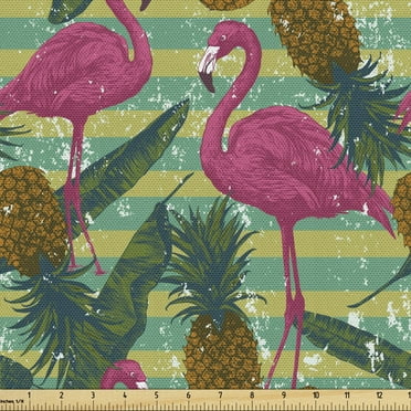 Flamingo Upholstery Fabric by the Yard, Tropical Animals on Striped Background with Pineapples Banana Leaves Grunge Look, Decorative Fabric for DIY and Home Accents, 3 Yards, Multicolor by Ambesonne