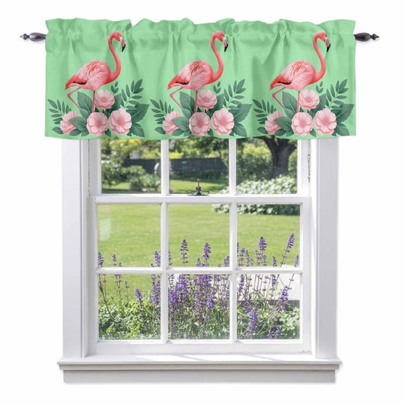 Flamingo Valance Curtain for Windows Pink Flower Leafs Plants Watercolors Green Rod Pocket Curtain Valances Short Window Treatments Panels for Kitchen Bathroom Laundry Room Basement 60 x 18 Inch