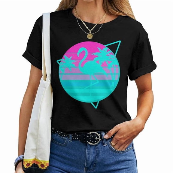 Flamingo in a Vintage 80s Beach Scene Graphic Tee Vaporwave Aesthetic with Palm Trees Women Adult Cotton T Shirt for Summer and Casual Wear, Size M, Color Black