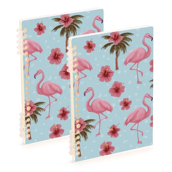 Flamingo Walking Palm Trees Hibiscus Flowers Notebook Detachable Coil Notebook Diary Plan Book A5 Size 60 Pages 2 Pack