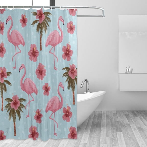 Flamingo Walking Palm Trees Hibiscus Flowers Shower Curtains with 12 Hooks Waterproof Bathroom Decor 66" x 72"