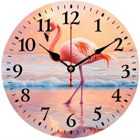 Flamingo Wall Clock, 9.84 Inch Pink Tropical Beach Clock, Battery Operated Analog Clock with Easy to Read Numbers for Home Decor