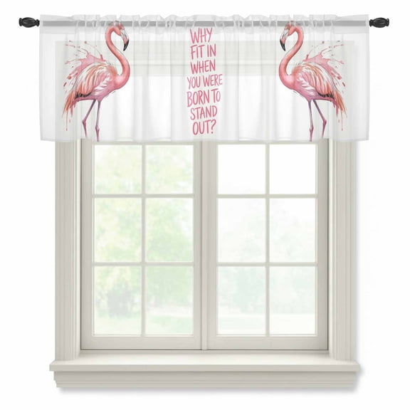 Flamingo Watercolor Semi Sheer Valance Curtains Pink Gradient Text Retro Classic Voile Valances Curtain Rod Pocket Small Window Treatment for Kitchen Bathroom Cafe 42"x18"