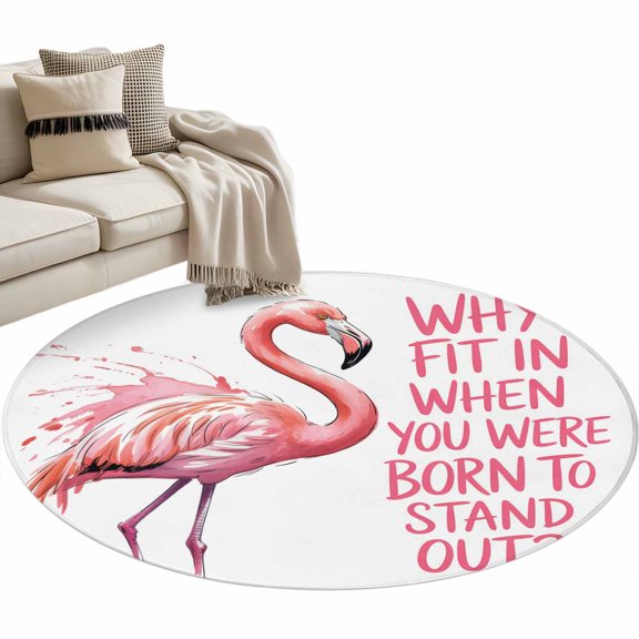 Flamingo Watercolor Washable Area Rug 4 ft Pink Gradient Text Retro Classic Soft Round Rugs for Living Room, Non Slip Carpet for Bedroom Entryway Dining Room