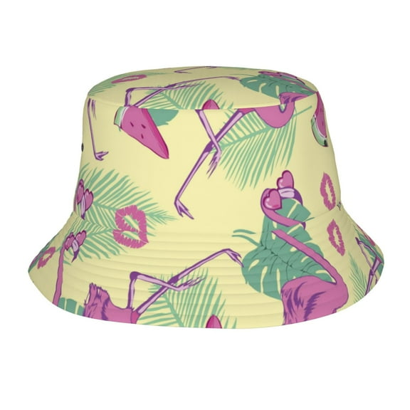 Flamingo Watermelon Palm Tree Bucket Hat, Packable Fisherman Sun Cap, Foldable UV Protection for Fishing Beach Hiking Camping