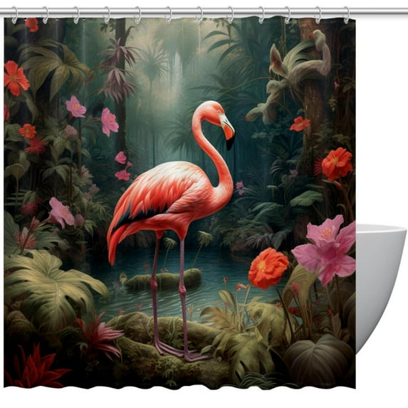 Flamingo Waterproof Printed Bathroom Curtain Set with Hooks - Stylish Bathroom Decoration
