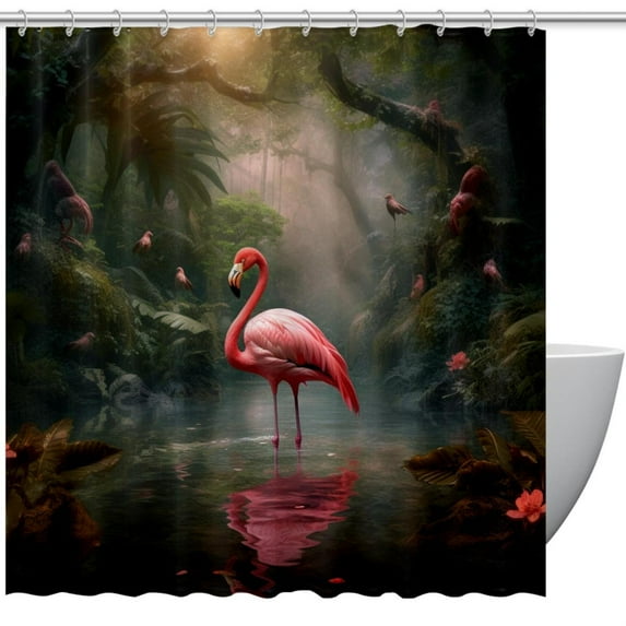Flamingo Waterproof Printed Bathroom Curtain Set with Hooks - Stylish Bathroom Decoration